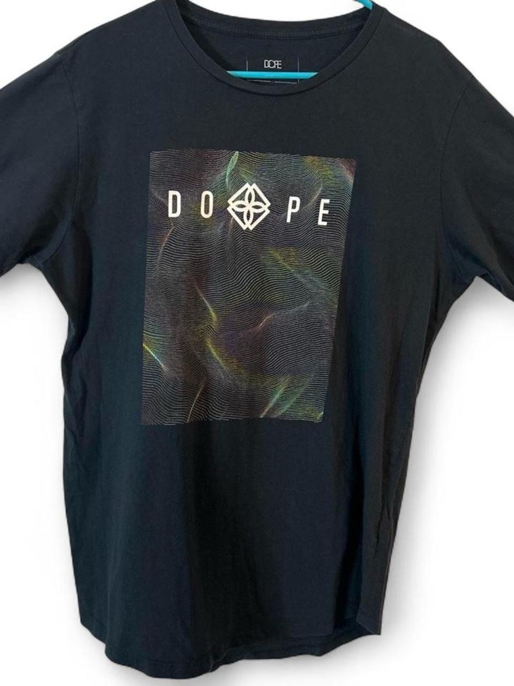 DOPE Black Tee with Subtle Rainbow Wave Print